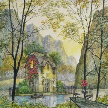 Dům na malém ostrůvku v údolí vysokých hor